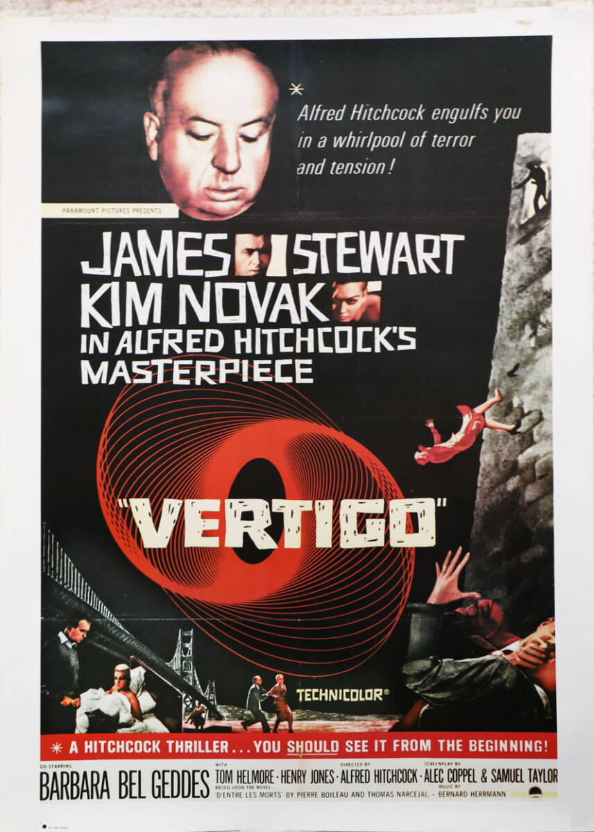 映画ポスター、「めまい」VERTIGO,大判ポスター、66.0x９８.0cm,、A・ヒッチコック監督、J・スチュ-アト、,K・ノヴァク、1958年米公開_画像1
