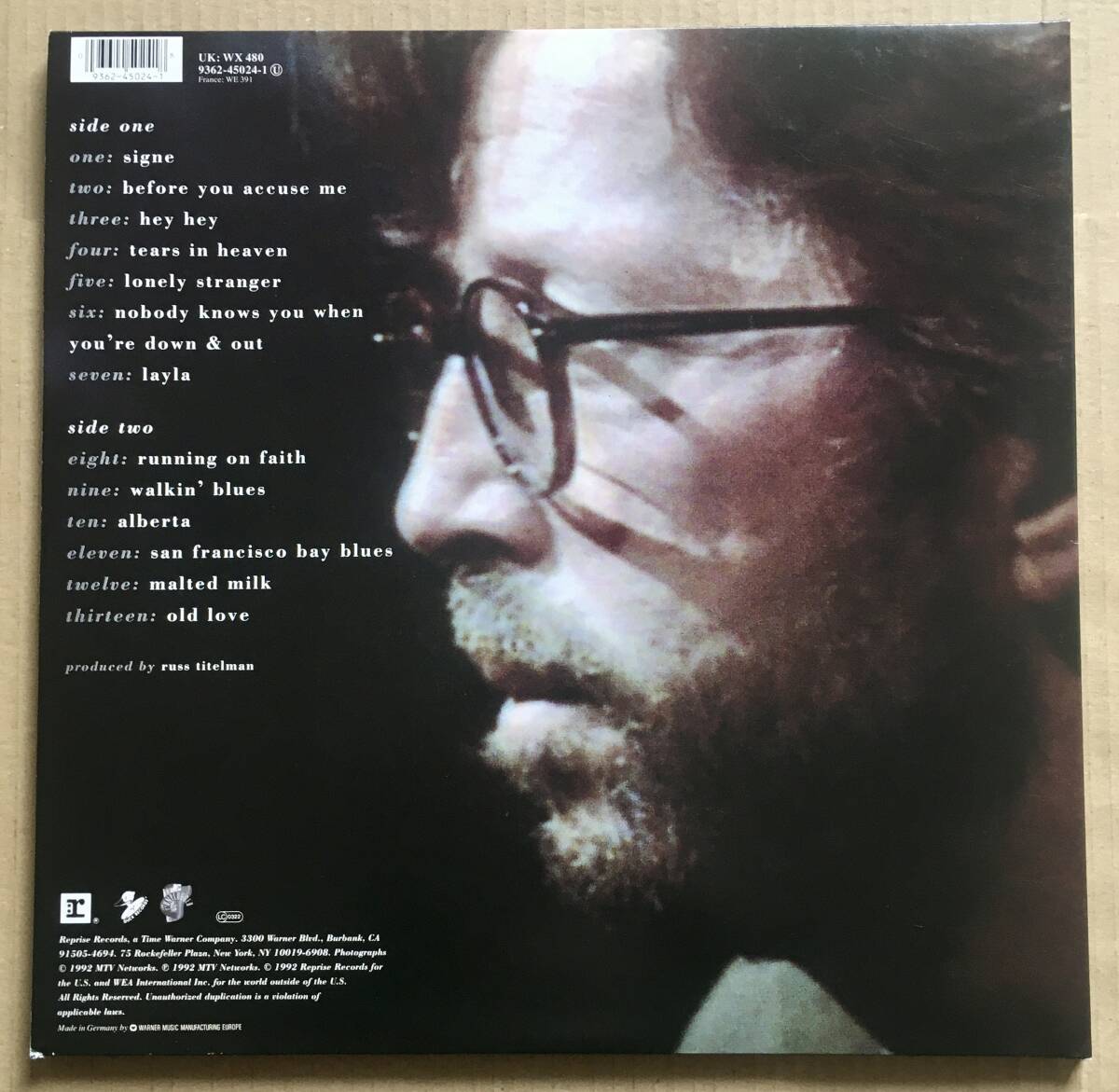 LP★ Eric Clapton / Unplugged 美盤 希少1992年EUオリジナル盤 見開きジャケ Reprise WX480, 9362-45024-1_画像5