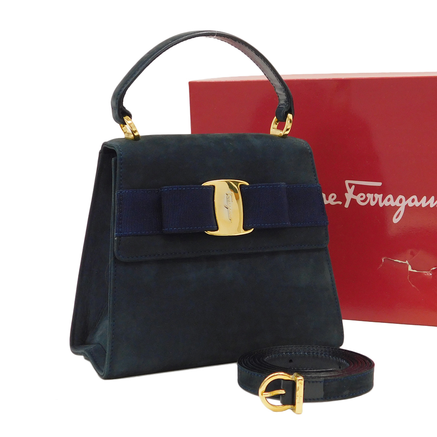 1円 ■ 新品同様 フェラガモ 2WAYバッグ スウェード グレー系 ヴァラ Salvatore Ferragamo ■E.Csg.Gt-16_画像1