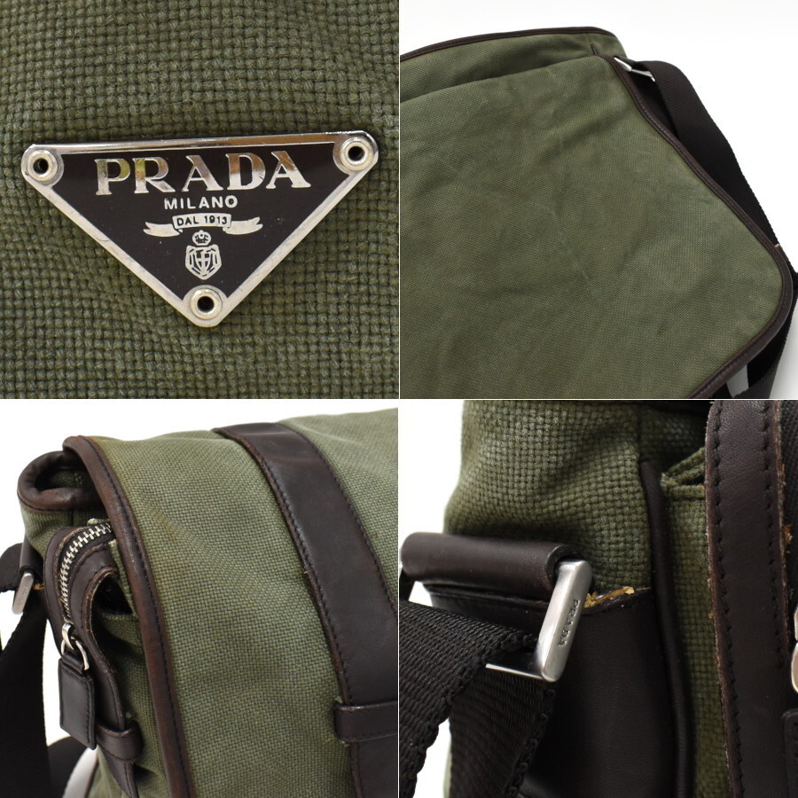 1円 ◆美品 PRADA プラダ ショルダーバッグ メッセンジャー 三角プレート トライアングルロゴ カーキ◆E.Brre.bO-27_画像9