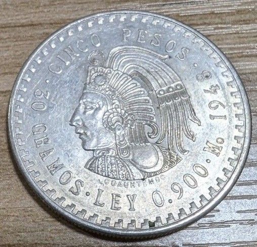メキシコ　1948年　クワウテモク王　5ペソ  大型銀貨 貨幣 古銭 銀貨 硬貨 コイン 貿易銀 海外硬貨 外国古銭