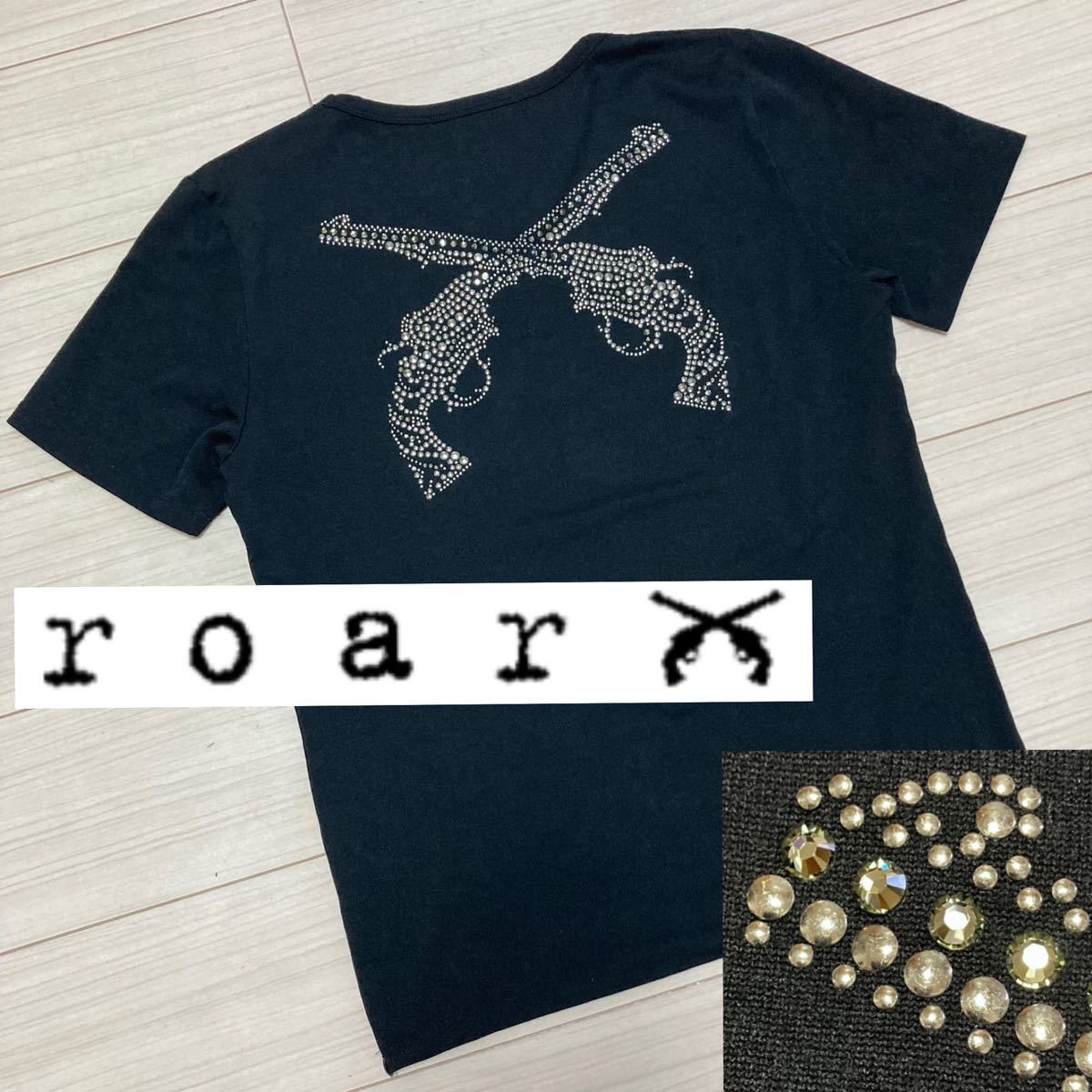 良品■roar ロアー■二丁拳銃 クロスガン スワロ メダルスタッズ Tシャツ 3 L相当 黒 ブラック ニットジャージー スワロフスキー  SWAROVSKI