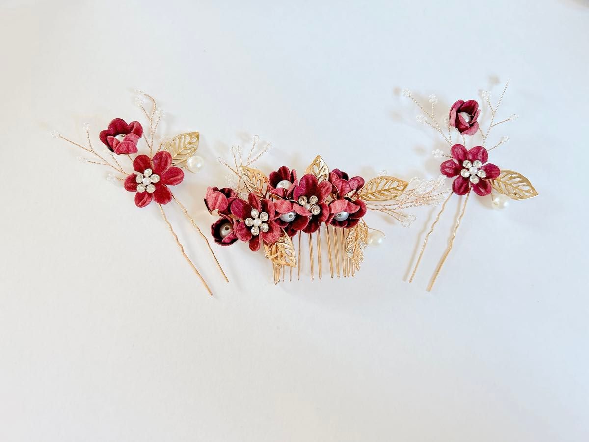 深紅の簪　3本セット 髪飾り つまみ細工 成人式 卒業式 結婚式 かんざし 和装 和装小物
