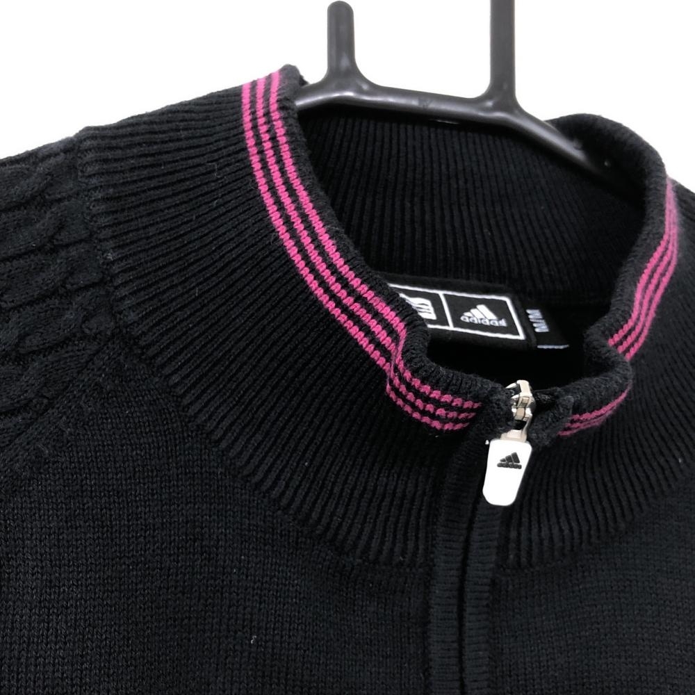 adidas アディダス 半袖ニットブルゾン 黒×ピンク 一部ケーブル編み コットン混 ハーフジップ レディース M ゴルフウェア_画像6