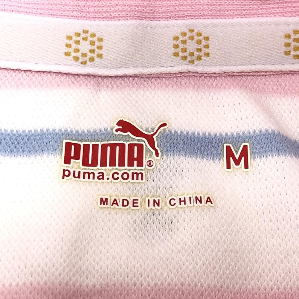 PUMA プーマ 半袖ポロシャツ 白×ライトピンク ボーダー 胸ポケット 総柄 レディース M ゴルフウェア_画像3