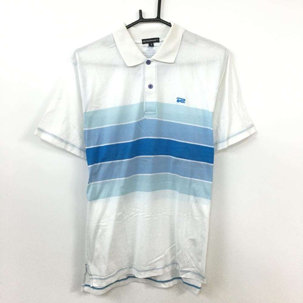 Rosasen ロサーセン 半袖ポロシャツ 白×ブルー 一部ボーダー メンズ S ゴルフウェア_画像1
