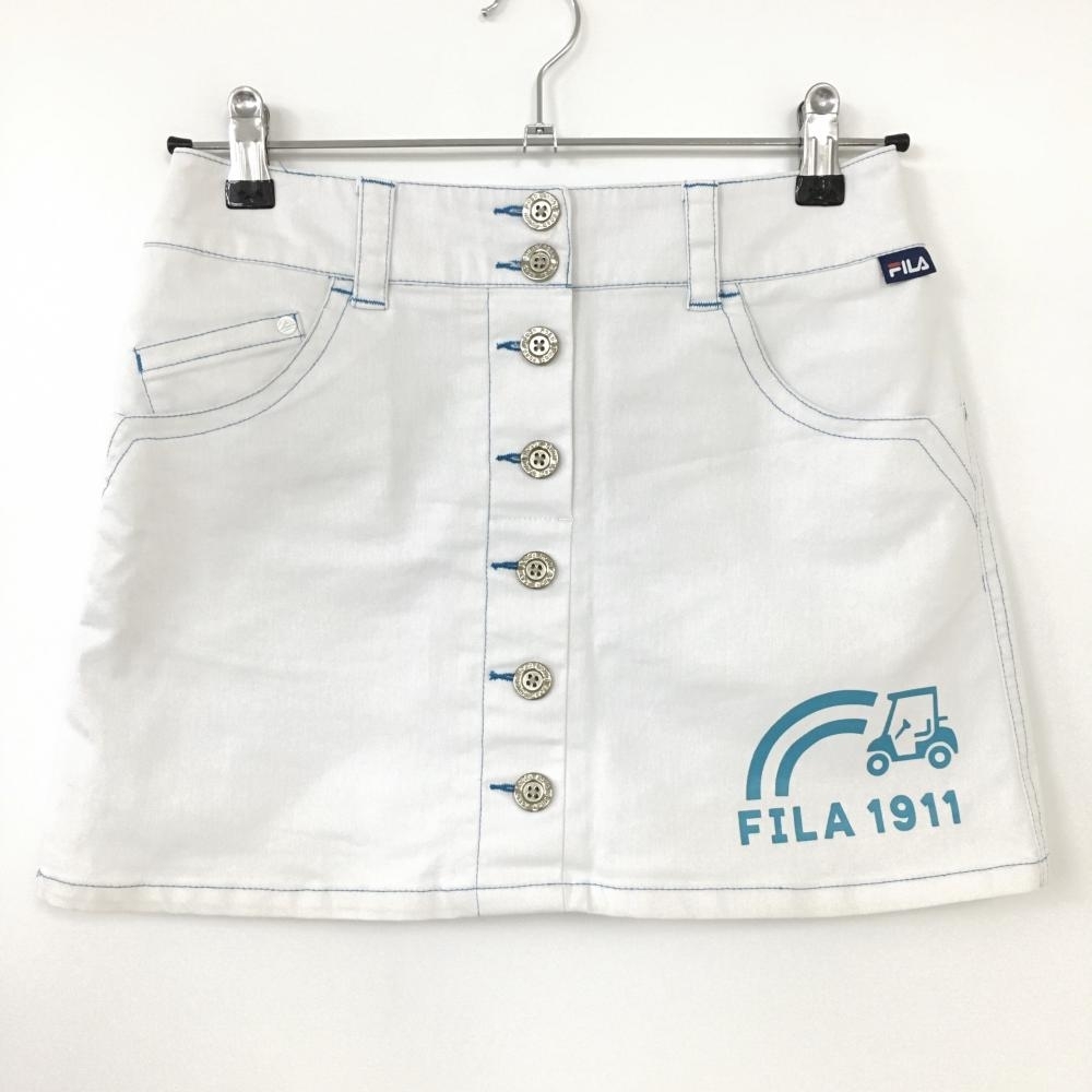 FILA GOLF フィラゴルフ スカート 白×ライトブルー 前ボタン 内側インナーパンツ ストレッチ レディース S ゴルフウェアの画像1