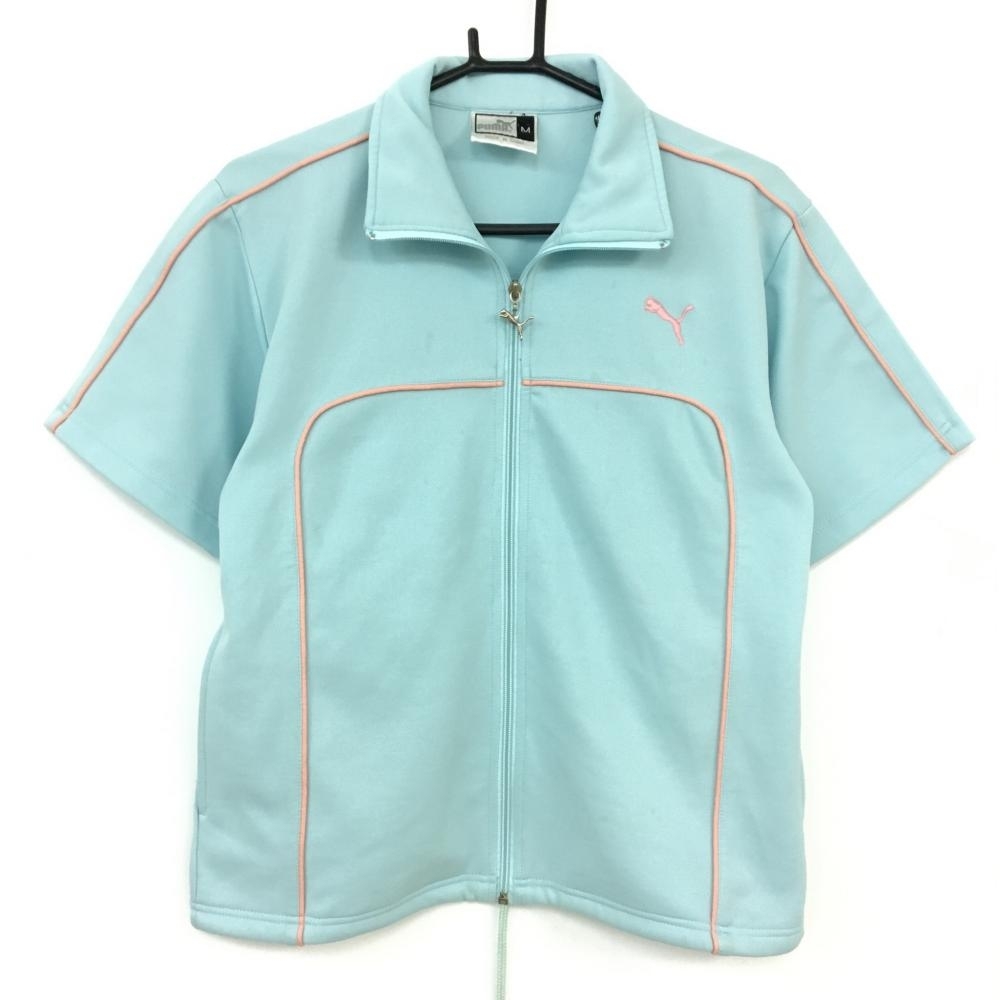 PUMA Puma short sleeves blouson light blue × pink full Zip line men's M Golf wear 
