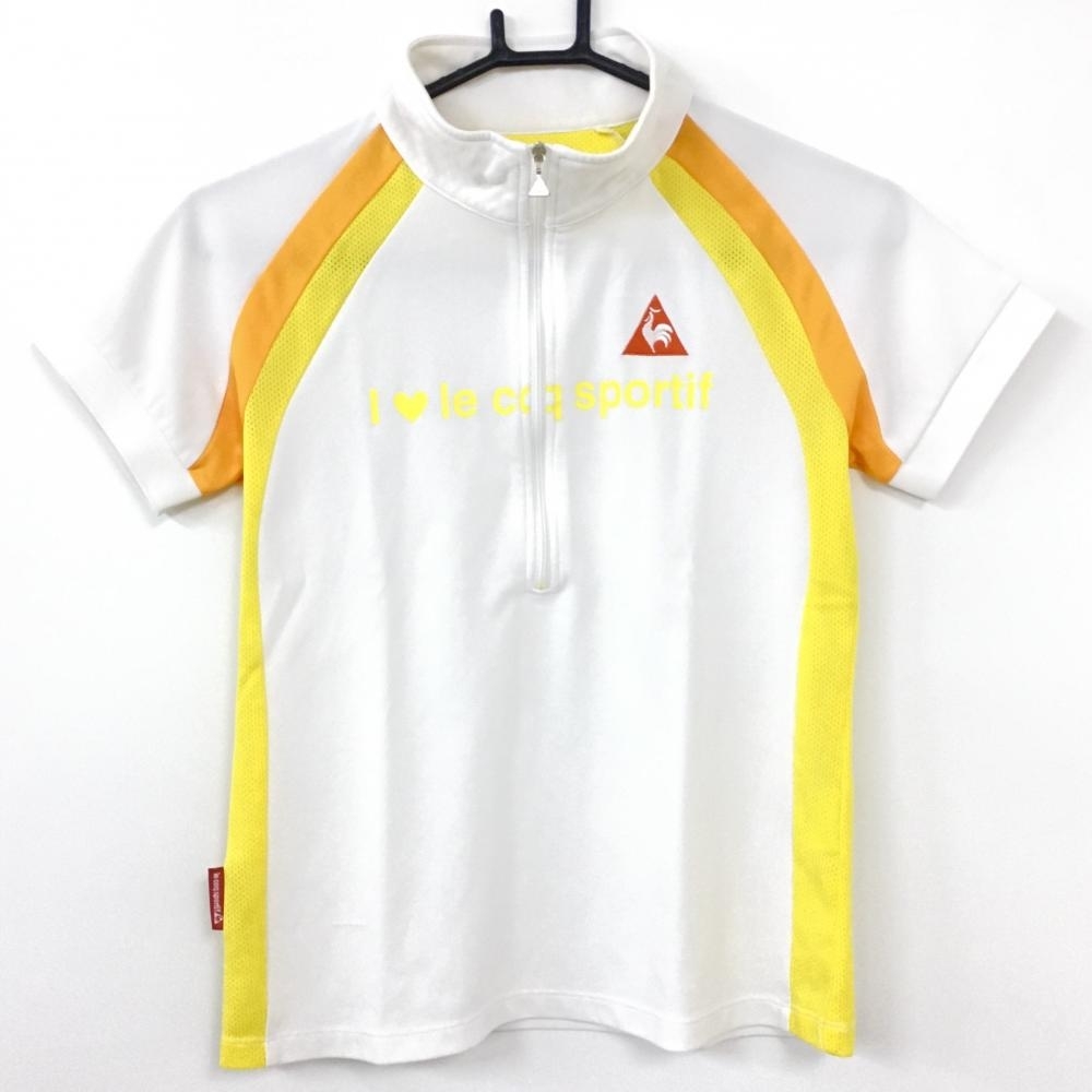 le coq sportif ルコック 半袖ハイネックシャツ 白×イエロー サイドメッシュ ハーフジップ レディース M ゴルフウェア_画像1