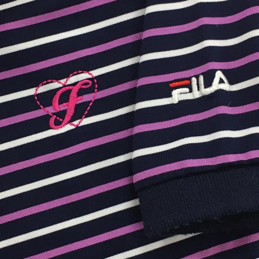 【美品】フィラゴルフ 半袖ポロシャツ ネイビー×白 ボーダー 総柄 ストレッチ レディース L ゴルフウェア FILA GOLF_画像3