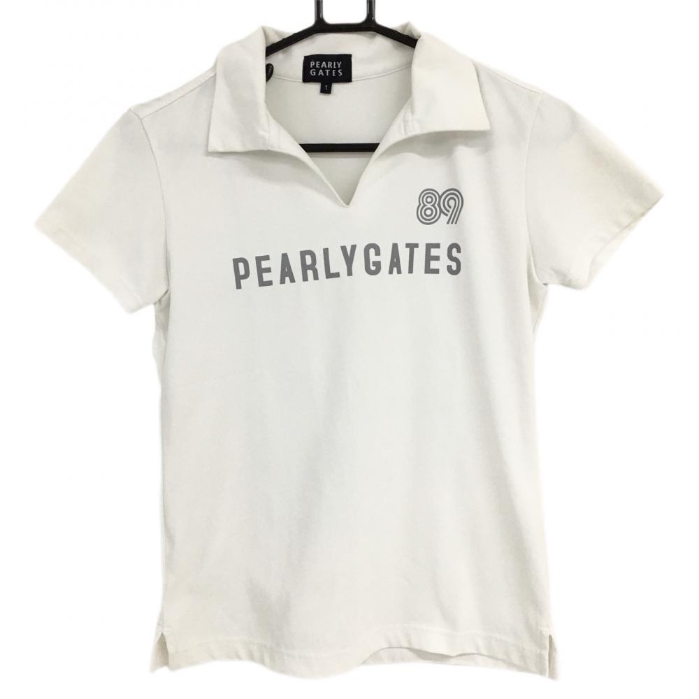 パーリーゲイツ 半袖スキッパーシャツ 白×グレー プリントロゴ レディース 1(M) ゴルフウェア PEARLY GATES_画像1