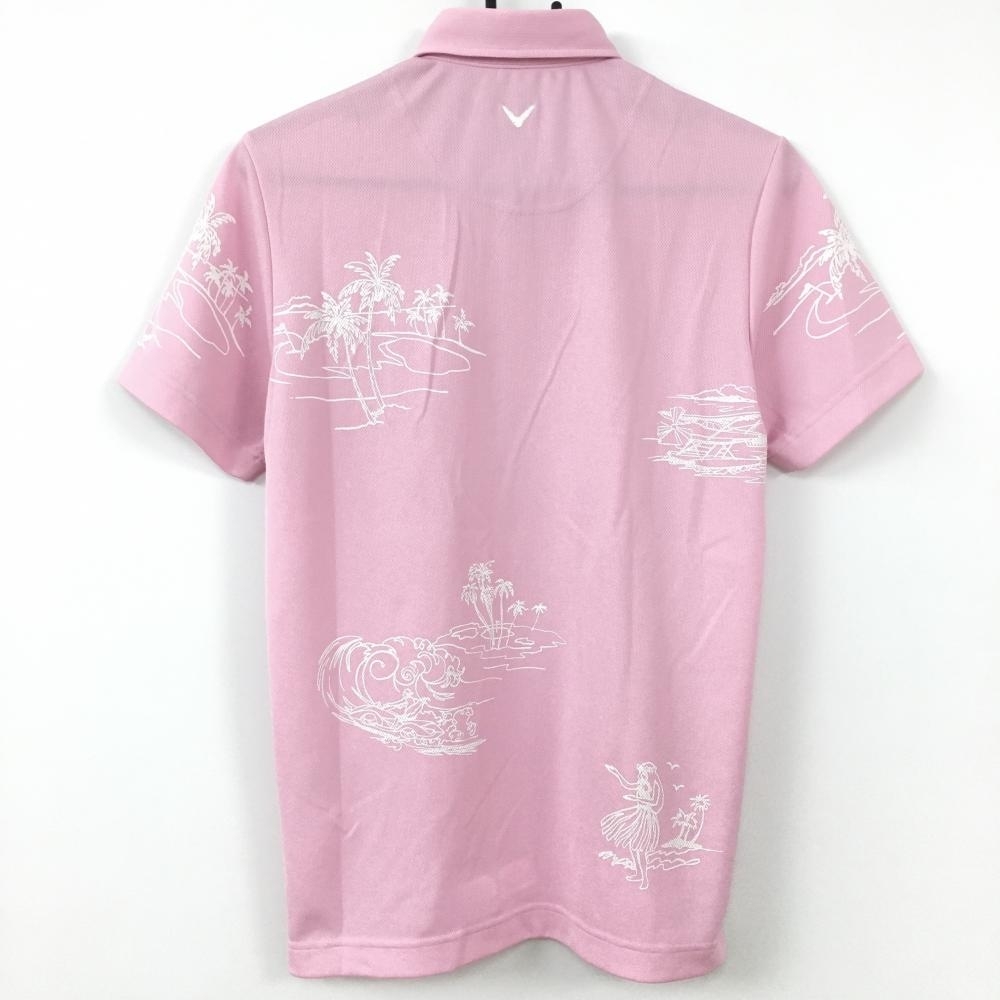 キャロウェイ 半袖ポロシャツ ピンク×白 ヤシの木プリント メンズ M ゴルフウェア Callaway_画像2