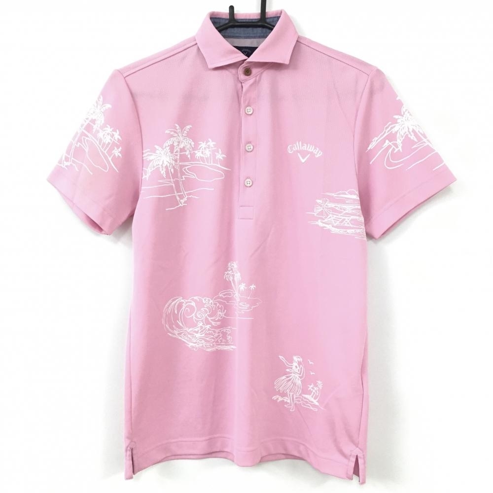 キャロウェイ 半袖ポロシャツ ピンク×白 ヤシの木プリント メンズ M ゴルフウェア Callaway_画像1