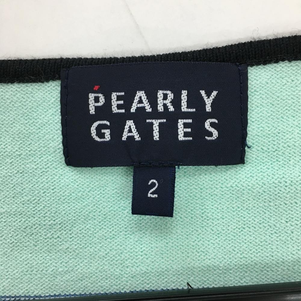【美品】パーリーゲイツ 半袖ニットセーター ミントグリーン×ダークネイビー シャツ風 レディース 2(L) ゴルフウェア PEARLY GATES_画像3