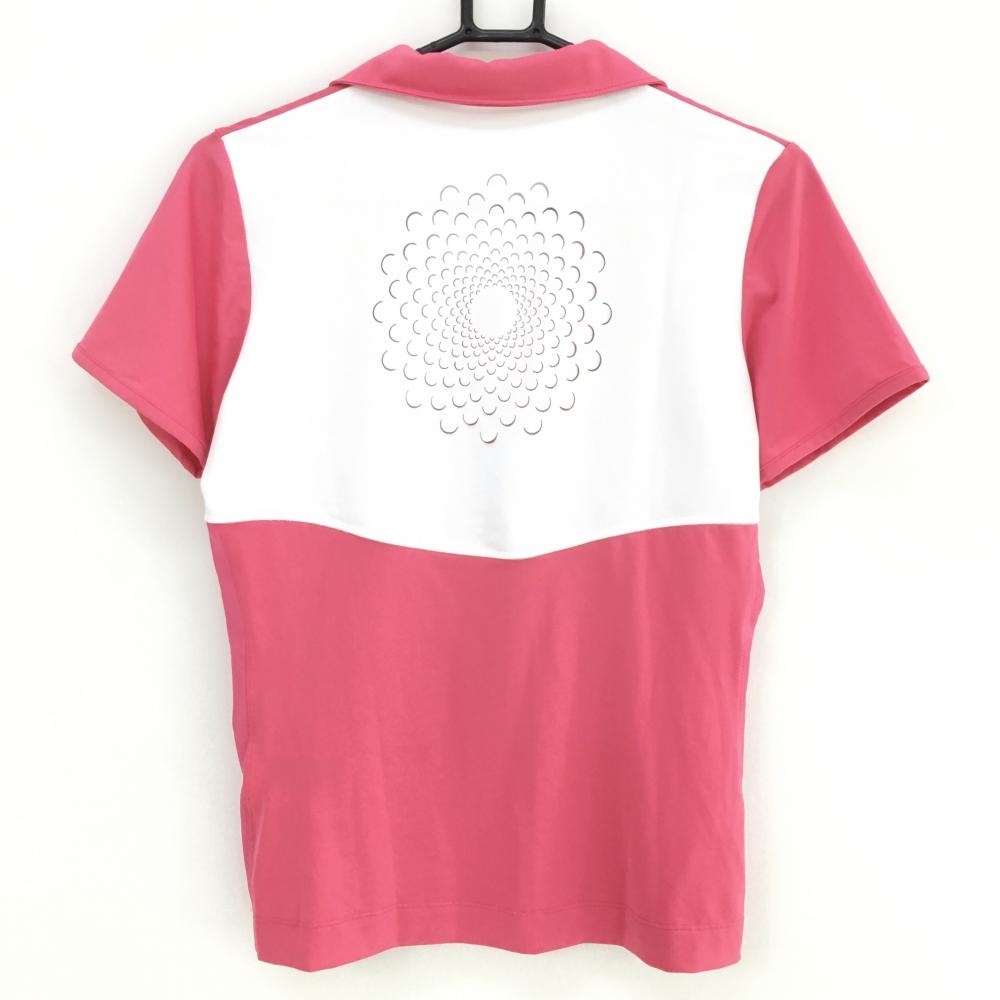 【美品】ナイキ 半袖スキッパーシャツ ピンク×白 背面花切り込み 一部メッシュ レディース L ゴルフウェア NIKE_画像2