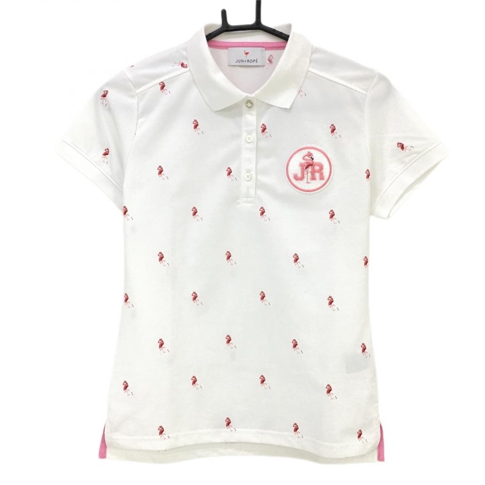 ジュンアンドロペ 半袖ポロシャツ 白×ピンク フラミンゴ柄 レディース S ゴルフウェア JUN＆ROPE_画像1