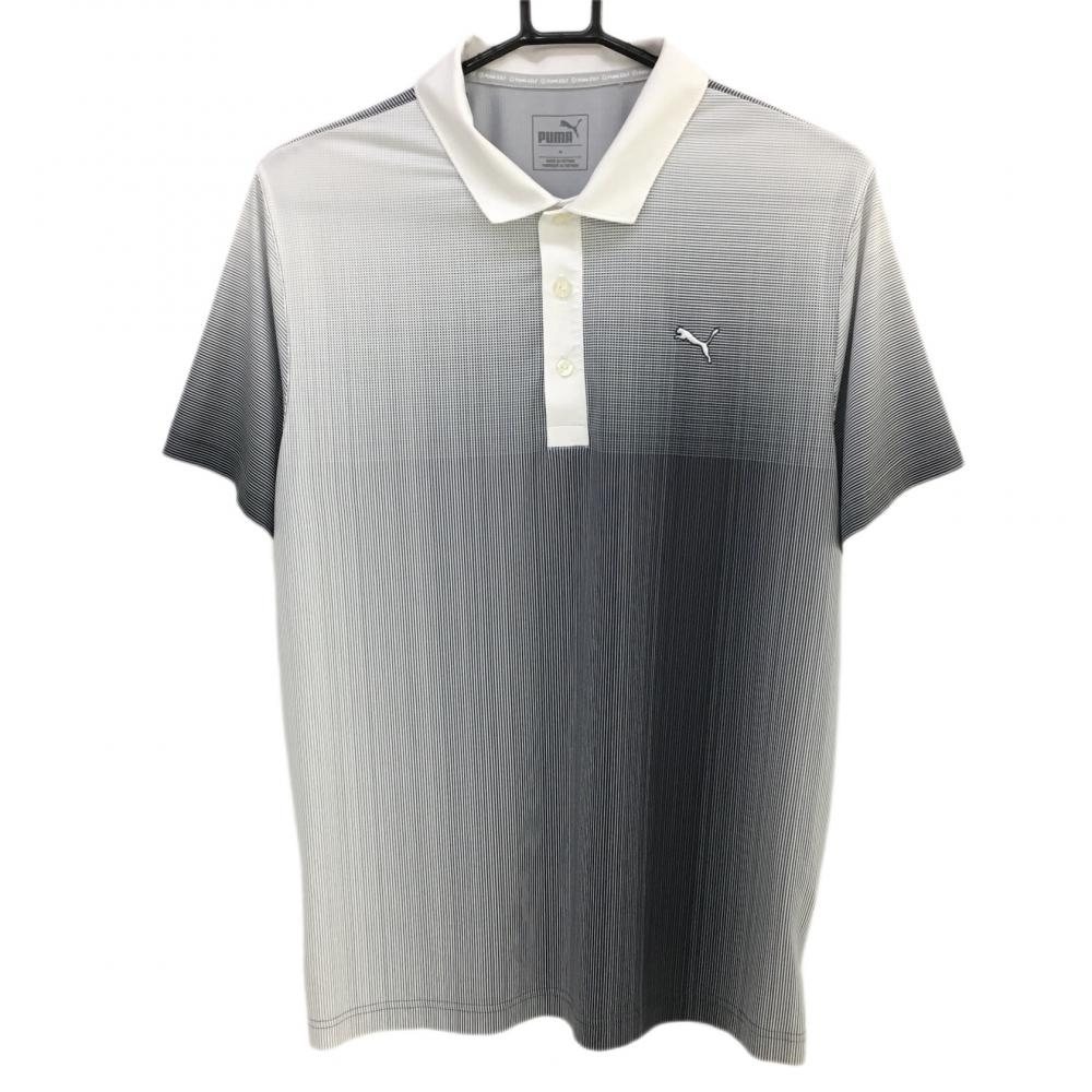 プーマ 半袖ポロシャツ 白×黒 細ストライプ 一部チェック柄 DRYCELL メンズ M ゴルフウェア PUMA_画像1