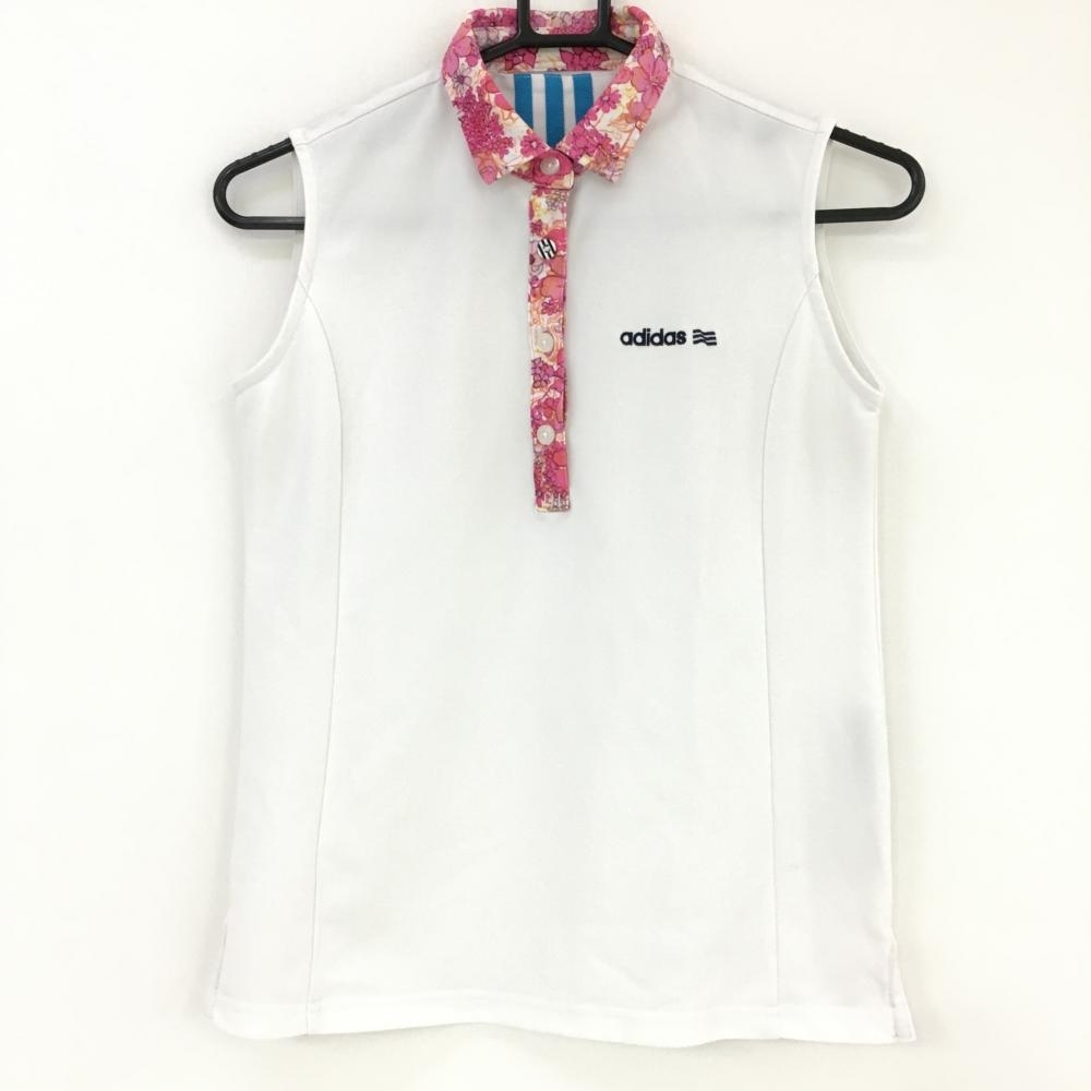 【超美品】アディダス ノースリーブポロシャツ 白×ピンク 襟・前立て花柄 レディース Ｓ/Ｐ ゴルフウェア adidas_画像1