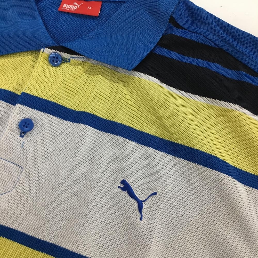 プーマ 半袖ポロシャツ ブルー×イエロー 前ボーダー メンズ M ゴルフウェア PUMA_画像3
