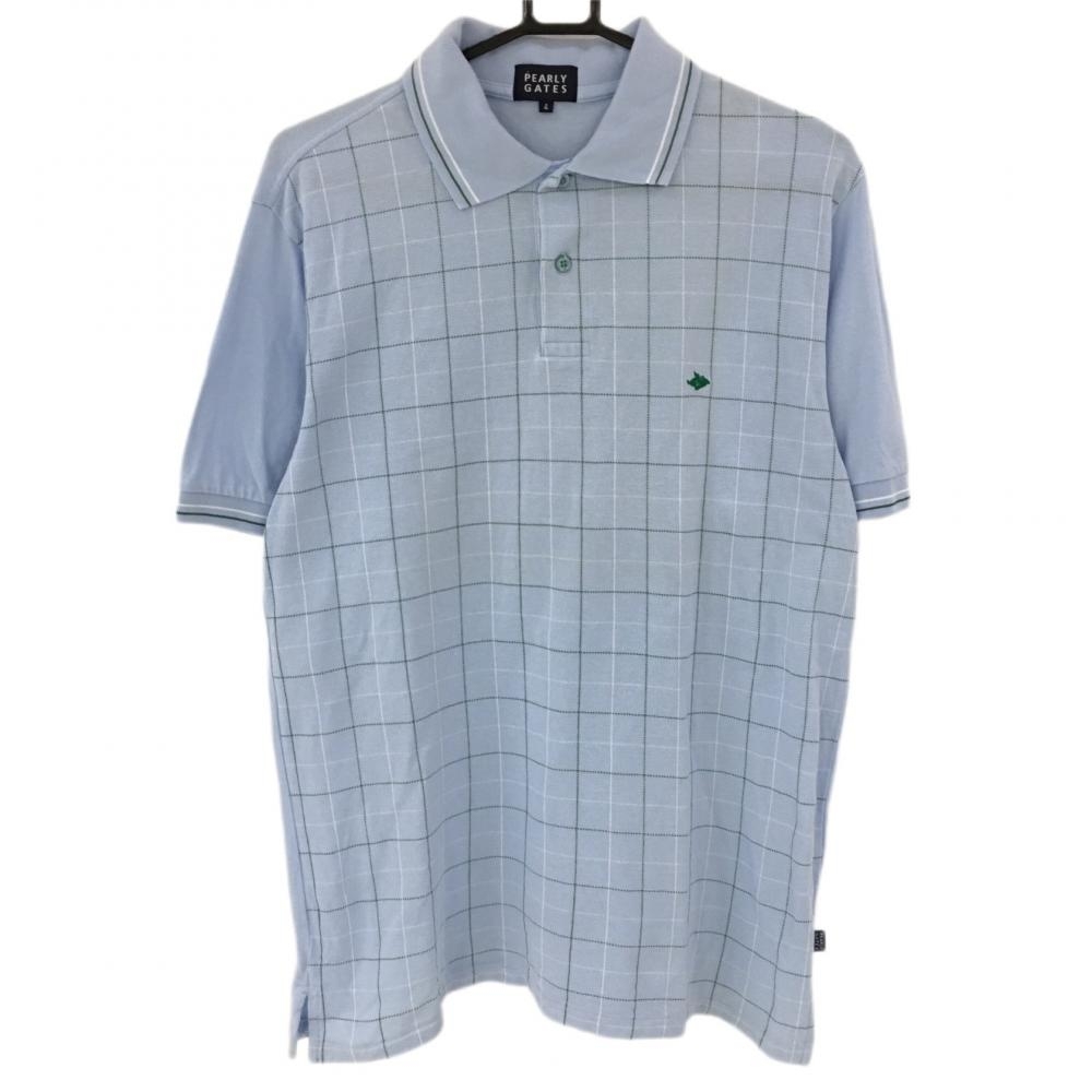 パーリーゲイツ 半袖ポロシャツ ライトブルー×グリーン×白 チェック メンズ 4(M) ゴルフウェア PEARLY GATES_画像1