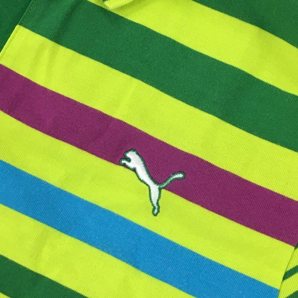 プーマ 半袖ポロシャツ ライトグリーン×グリーン ボーダー コットン混 メンズ US:S ゴルフウェア PUMA_画像3
