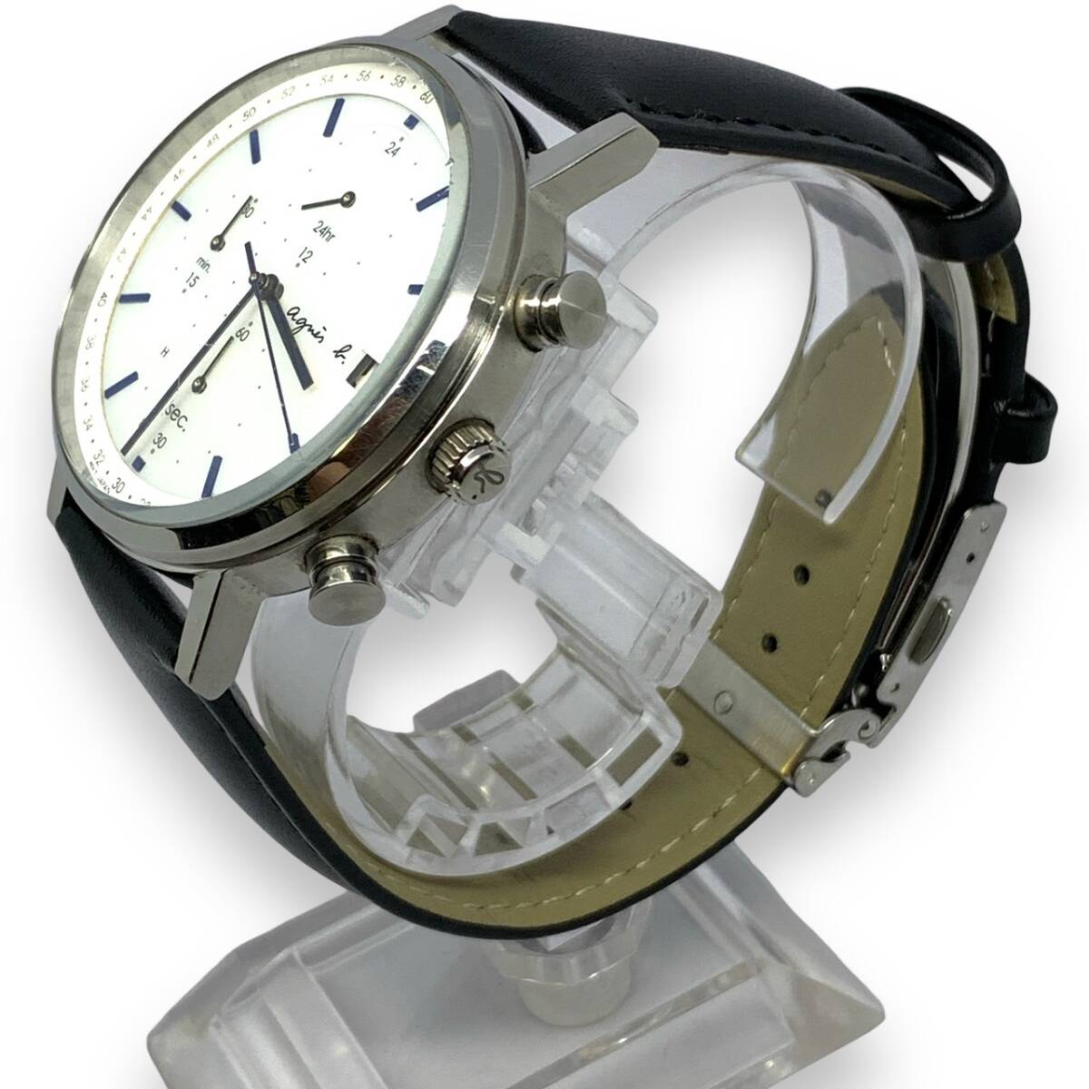 ■稼働品　agnes b. アニエスベー VR43-KNG0　ソーラー腕時計　クロノグラフ　白文字盤　ラウンド デイト　メンズ腕時計_画像3