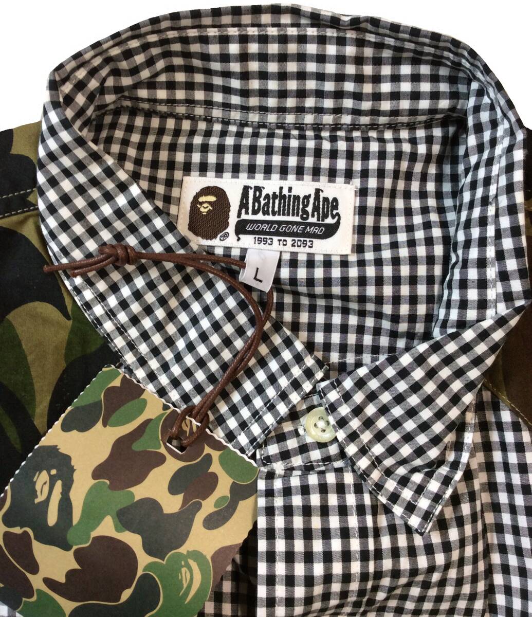 未使用 A BATHING APE アベイシングエイプ 半袖シャツ カモフラ 迷彩 ギンガムチェック 黒/白 コットン メンズ L 送料250円_画像3