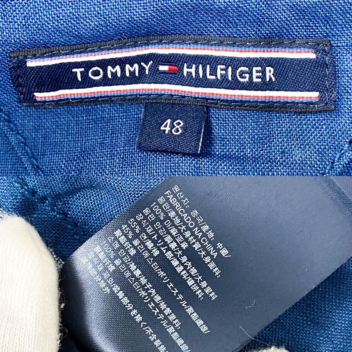 美品!!L相当!!トミーヒルフィガー TOMMY HILFIGER リネン100% テーラードジャケット ブルー メンズ ブレザー デニム風 ネイビー 48 春夏_画像10