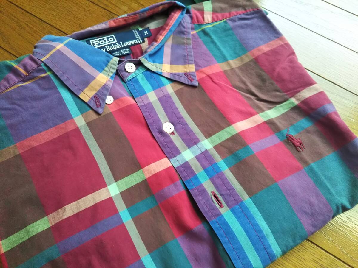 ◆POLO by Ralph Lauren大きいチェックのボタンダウンシャツ　エンジ×青×深緑　スモールポニー◆袖丈を少し詰めています　６０サイズ_画像1