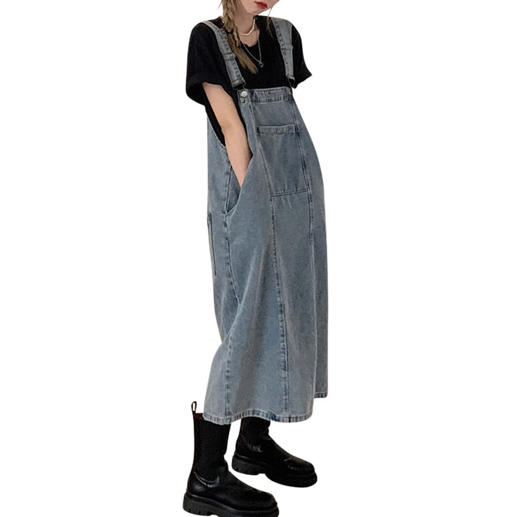 [Teddy] Denim overall jumper skirt all-in-one easy middle thick spring summer autumn Street pants453 ( light blue, S