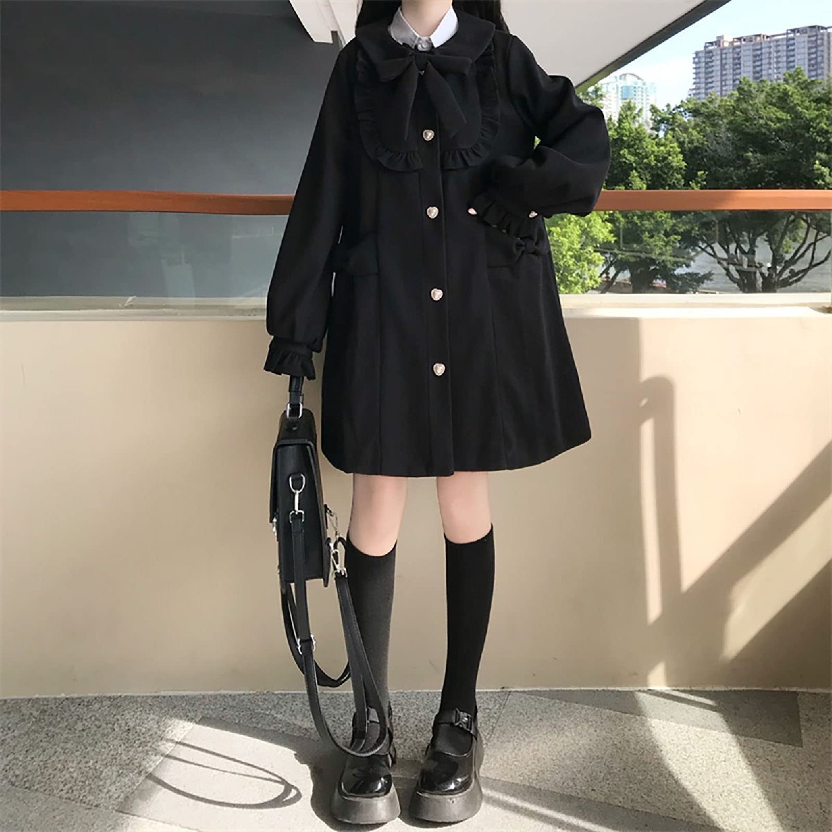 [YEMOCILE] 学院風 コート ロング レディース 可愛い 森ガール 量産型 服 リンボ付き 無地 シンプル ロリータ アウター ワンピース_画像9