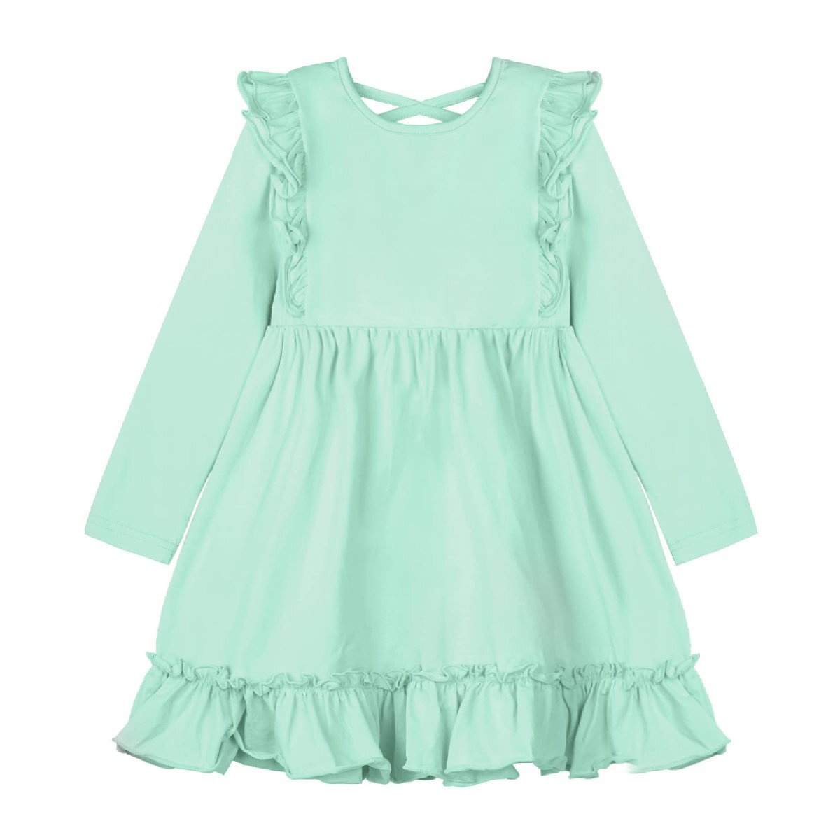 LittleSpring One-piece Kids long sleeve plain shoulder frill switch casual mint green 150