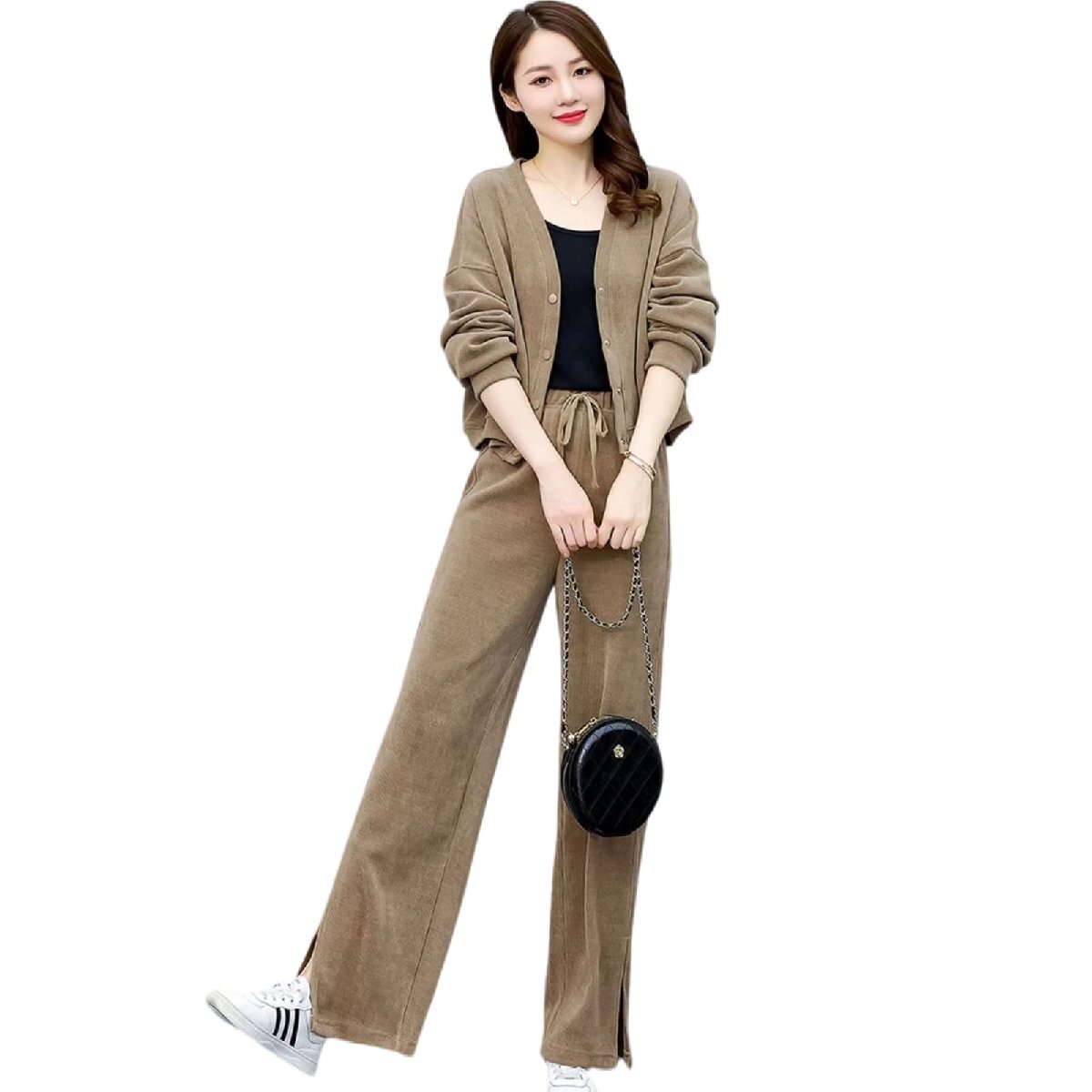 [YY-Natuhi] setup 2 point knitted lady's coat long pants slit cut and sewn easy large size spring autumn winter v neck 