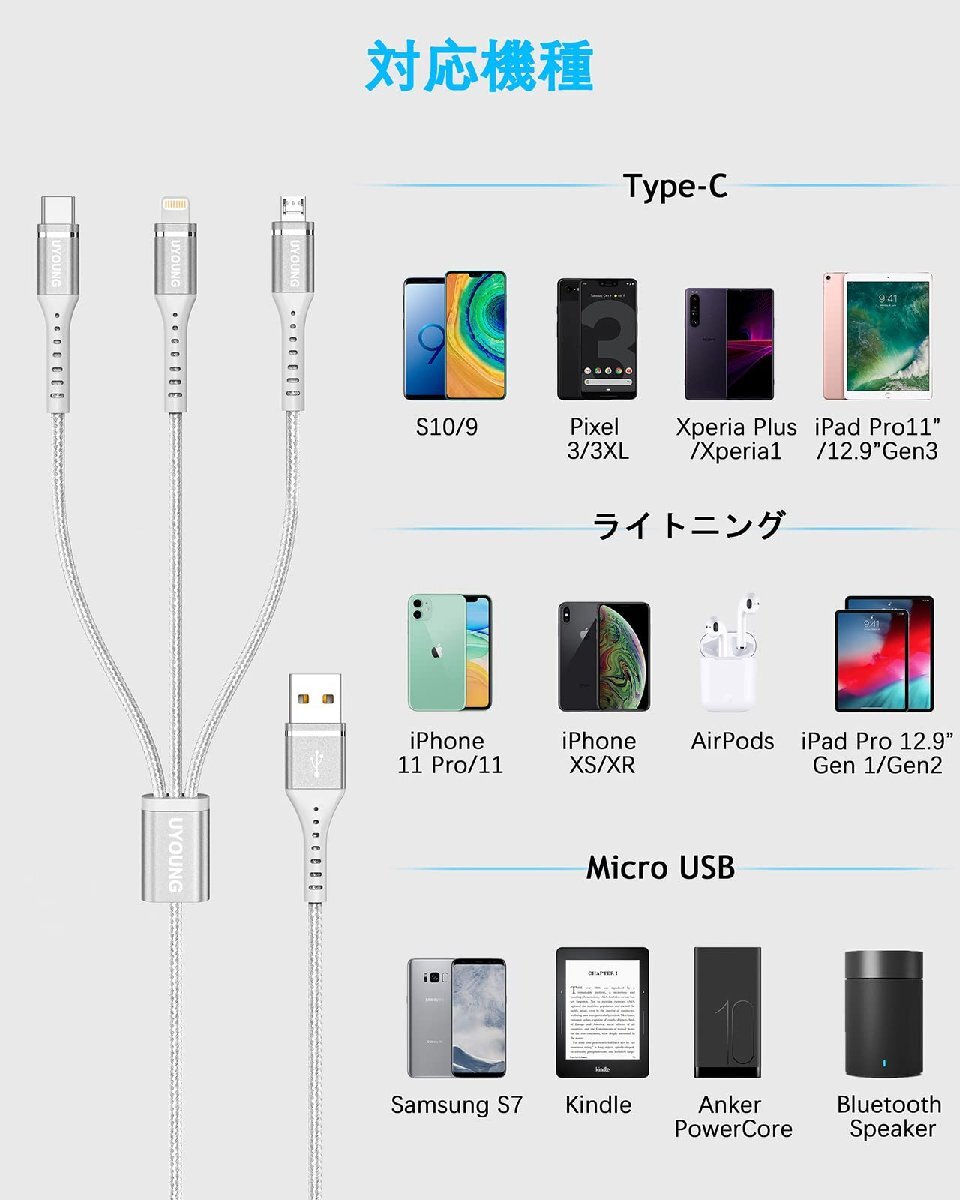 充電ケーブル 3in1 急速 1.2m 充電コード 3 in 1 超高耐久 Type C Micro USB 3台同時充電 iPhone Andro_画像7