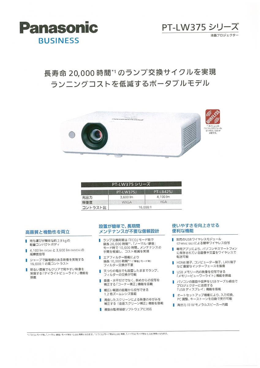 Panasonic　液晶プロジェクター　PT-LW375J　【新品、未開封】