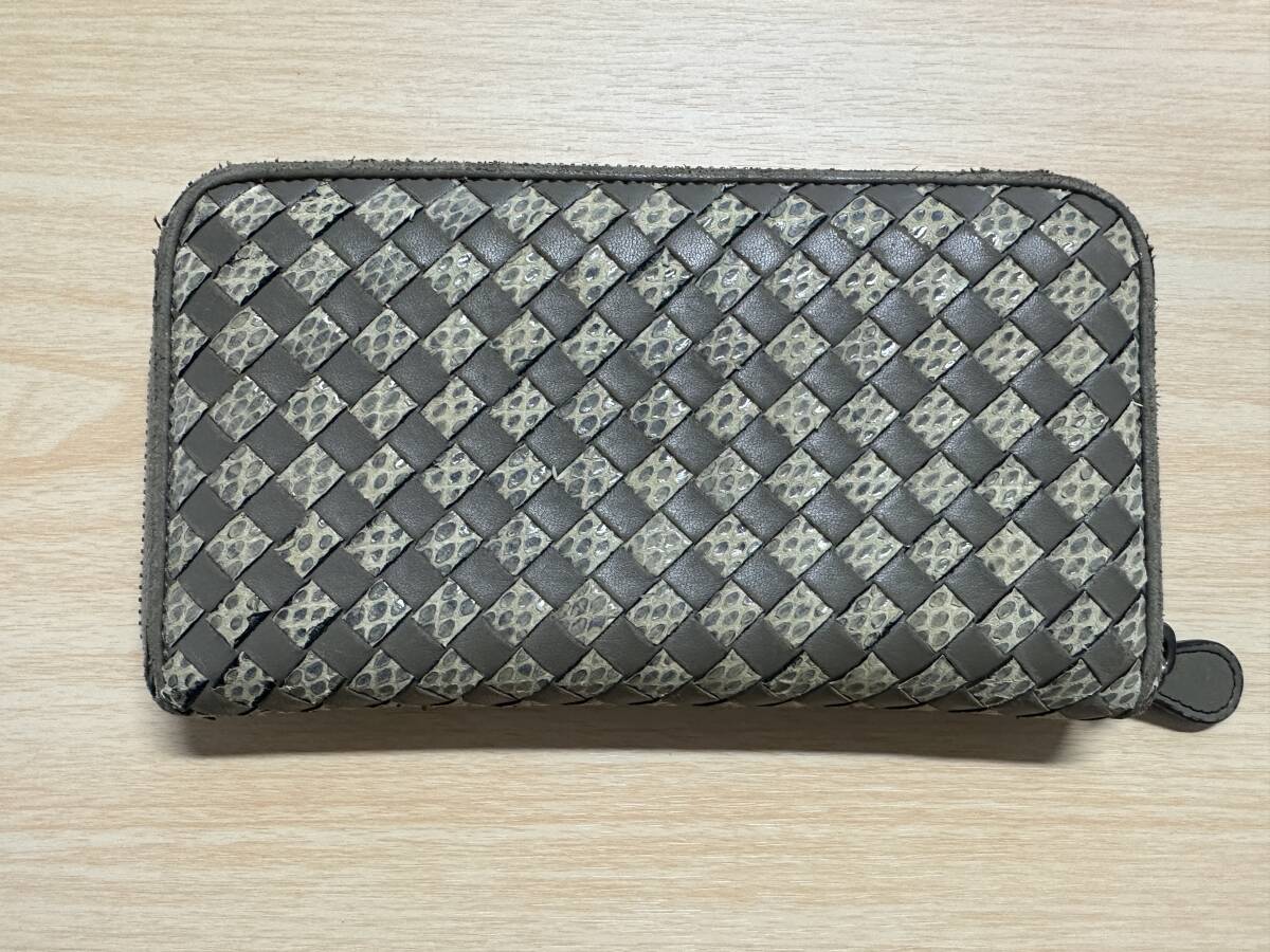 【1円スタート 美品】BOTTEGA VENETA 長財布 レザー×パイソン グレージュ イントレチャート ボッテガヴェネタの画像1