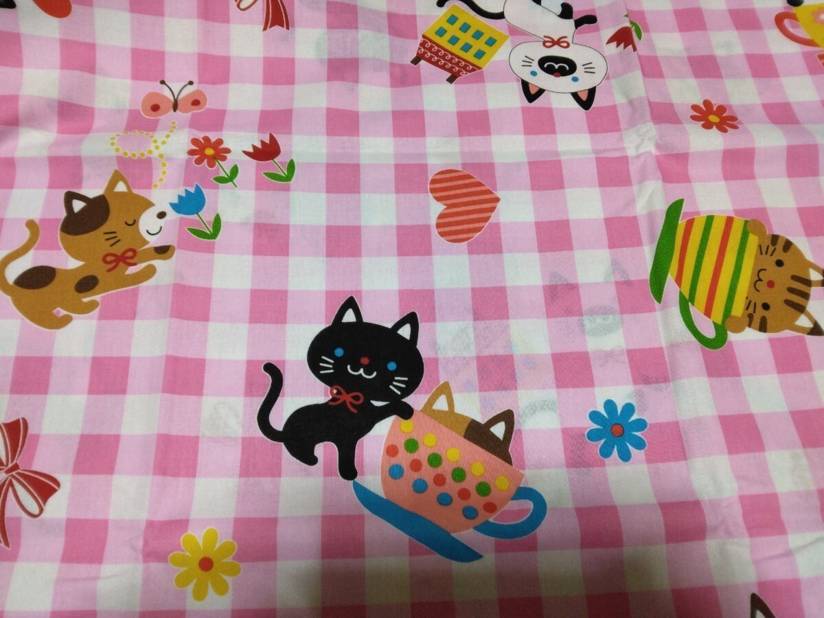 ☆Ｗ巾・1４６×４８センチ☆ネコ・カップ・チェック・オフ白×ピンク☆_画像5