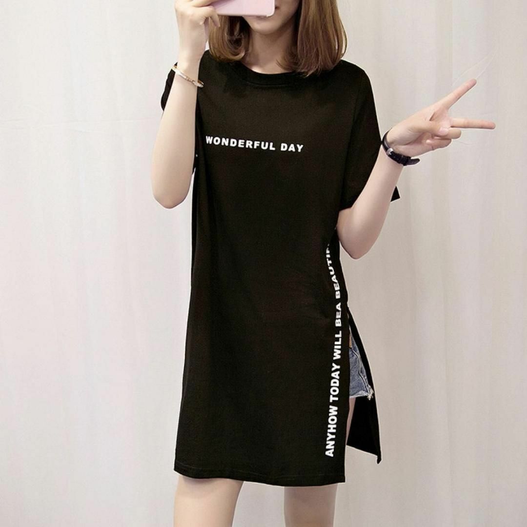 2XL 黒 ブラック ロング丈Tシャツ 半袖 ロンT ゆったりレディースシンプル　ロゴ　トップス　ブラウス_画像2