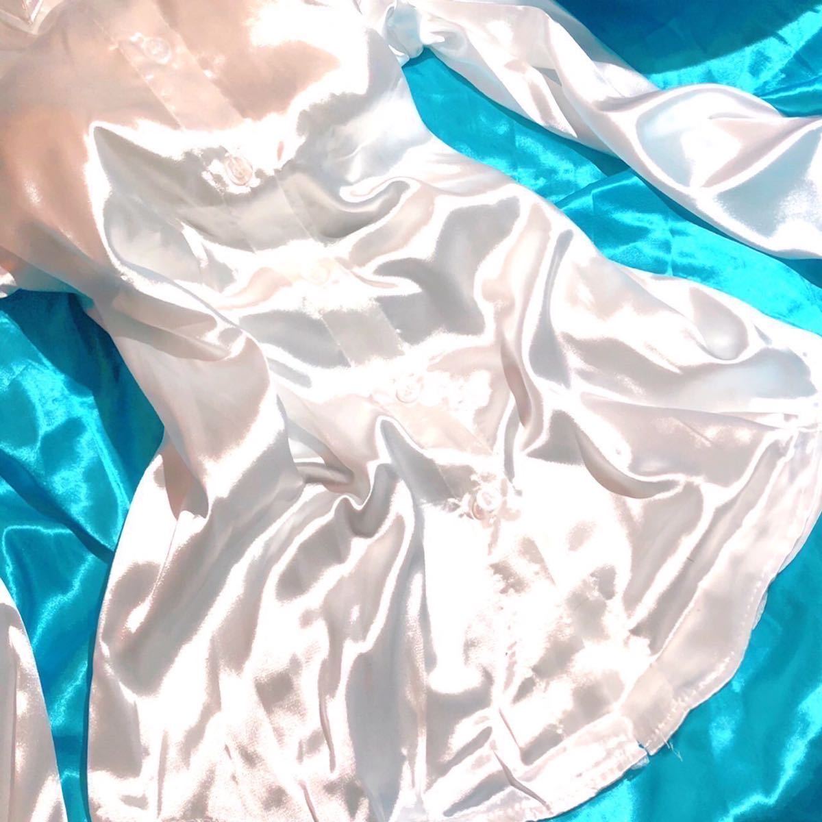 サテン　つるつる　ツルツル シャツ　ブラウス　超光沢　パールホワイト レディース　大きいサイズ　XL 女装 LL satin shirt 白シャツ_画像3