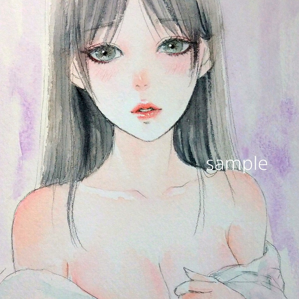 肉筆原画　水彩画　手描きイラスト　美人画　ドローイング　絵画　人物画　グラビア　F3　@mucica_画像1