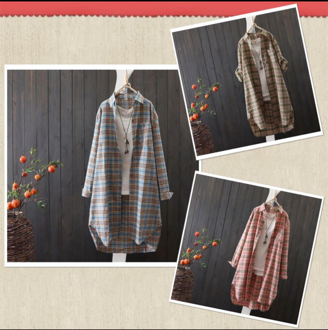  shirt One-piece long shirt check pattern tunic easy long sleeve spring lady's spring summer autumn blue S size 