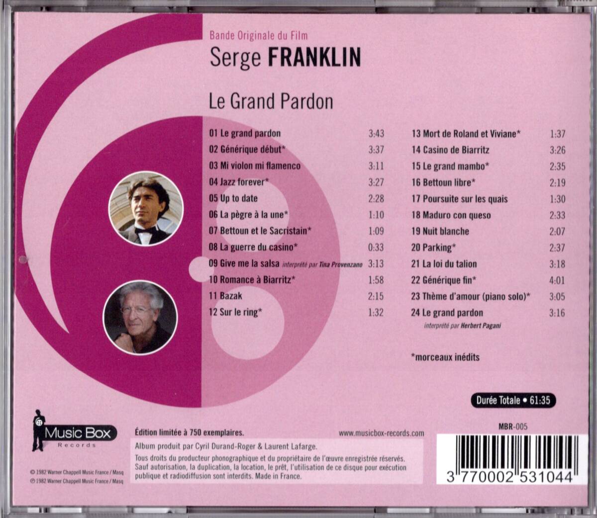 【CD】セルジュ・フランクリン「流血の絆 野望篇 (LE GRAND PARDON)」仏盤サントラ(MUSIC BOX MBR-05) 2011年発売 良品の画像2