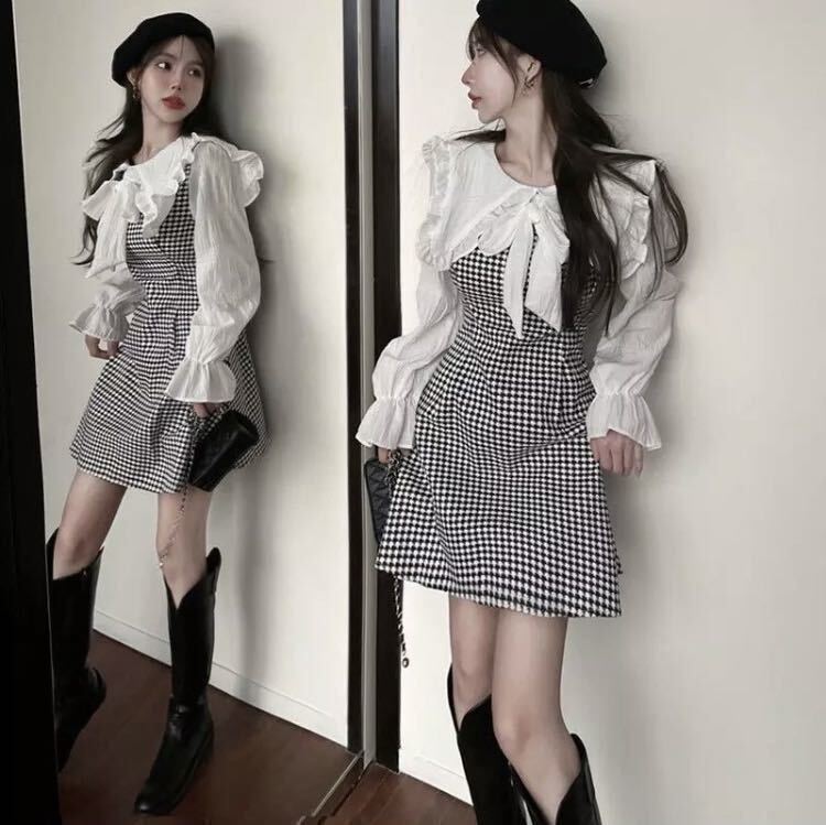 韓国ファッション エレガントな長袖ワンピース ピーターパン襟 M