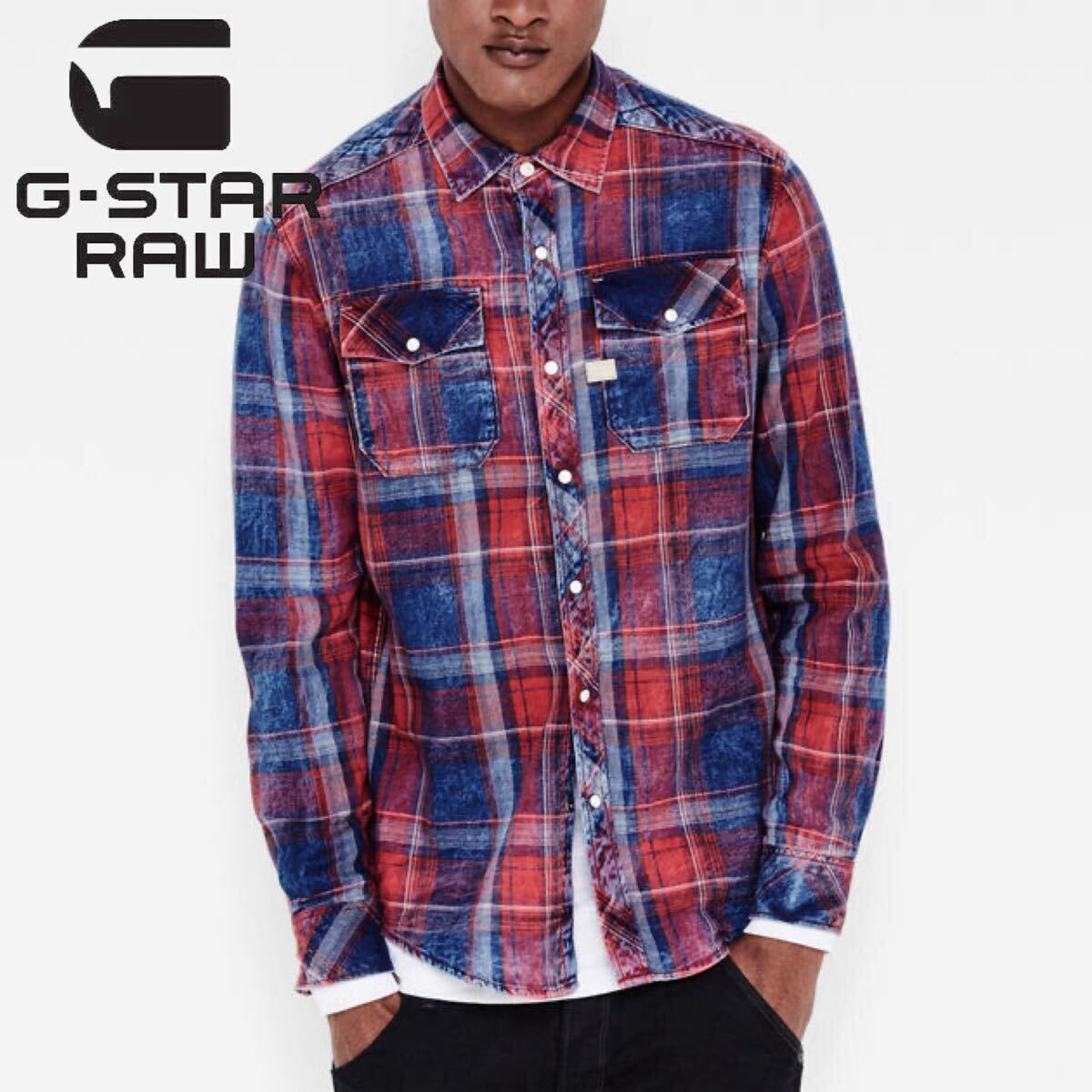 【G-STAR RAW】LANDOH SHIRT L/S ジースターロウ フェイド加工 インディゴチェックシャツ L/S 長袖ウエスタンシャツ コットンネルシャツ_画像10