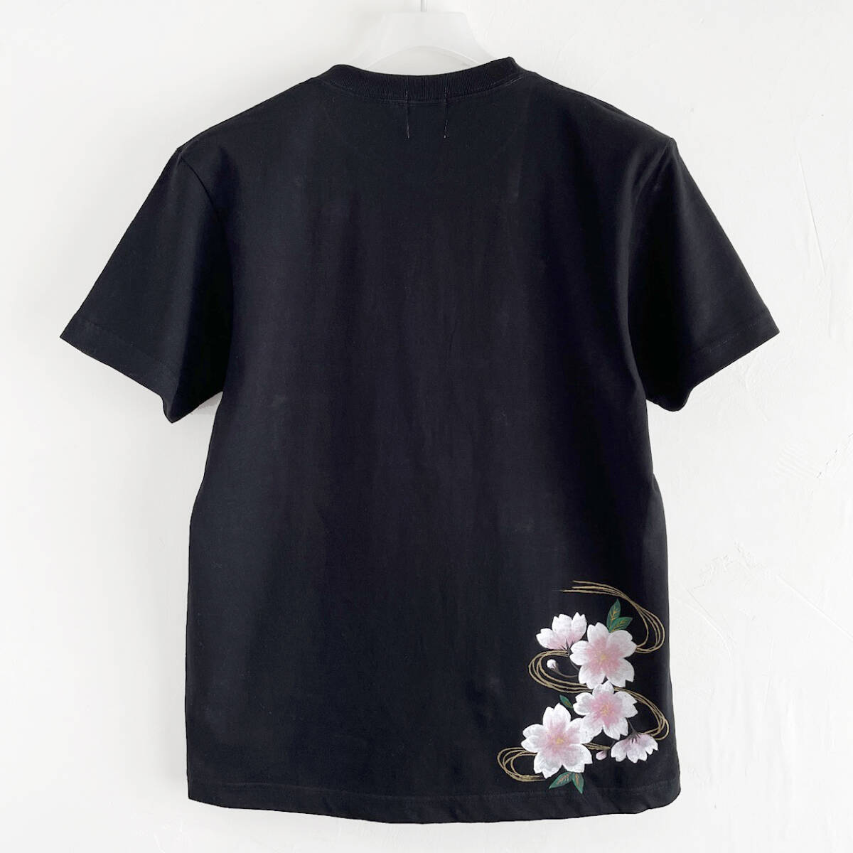 メンズ 波桜柄Tシャツ Lサイズ 手描きTシャツブラック 夜桜 和柄 ハンドメイド