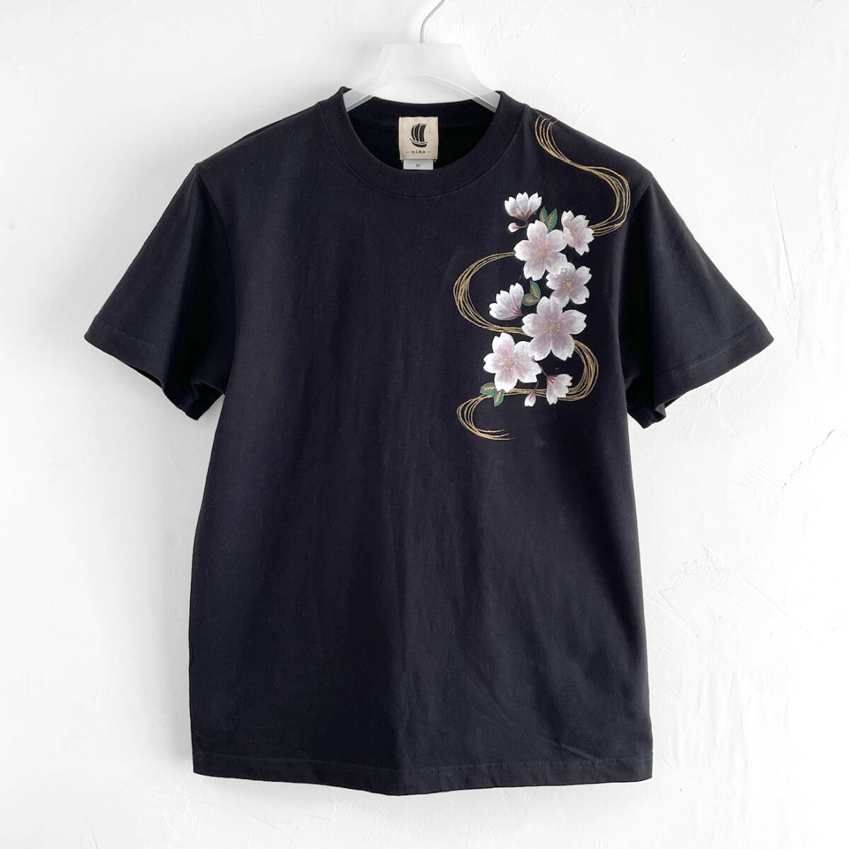 メンズ 波桜柄Tシャツ Mサイズ 手描きTシャツブラック 夜桜 和柄 ハンドメイド