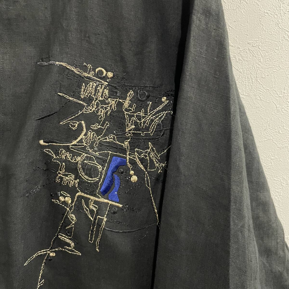 ビンテージ　GOOUCH　タグ付き　デッドストック　デザイン　刺繍　リネン　長袖シャツ　ブラック　S　240321_画像3