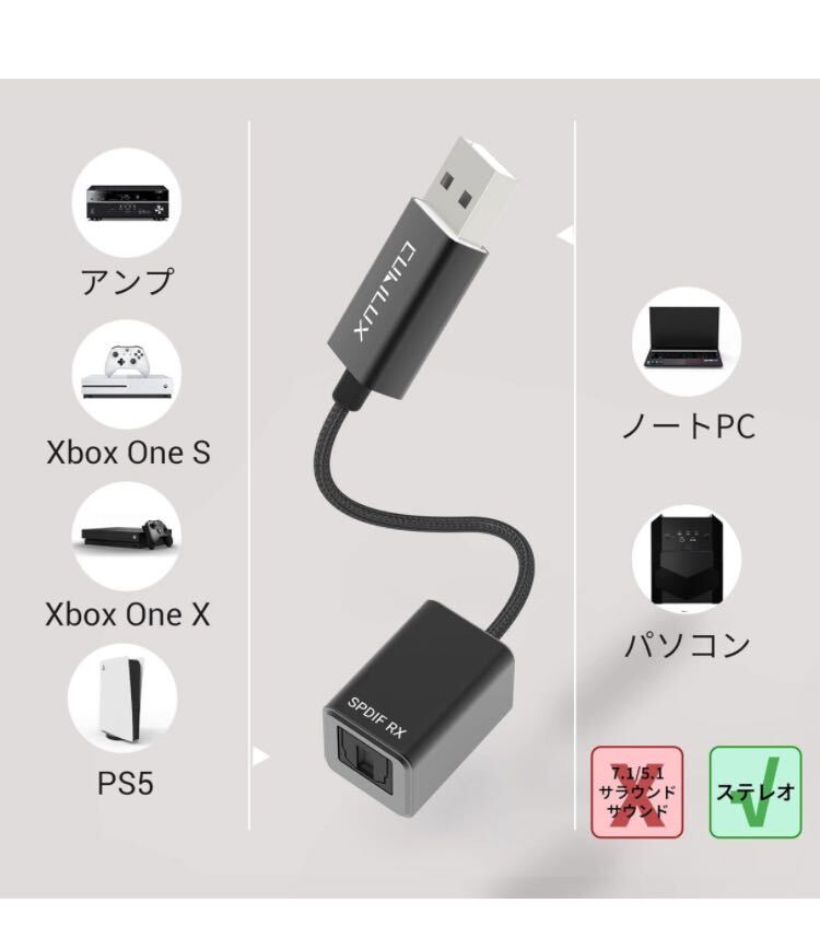 Cubilux SPDIF - USB A 入力アダプタ【ステレオ録音専用】 Toslink to USB レシーバー ラップトップ Mac PC PS4/5 Dellに対応