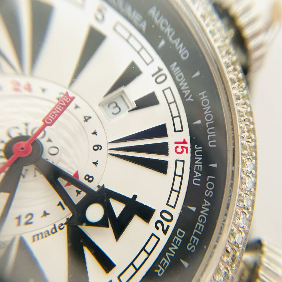 C-03222SI 【希少】 GIO MONACO ジオモナコ メンズ 腕時計 ジオポリス 2893-2 ダイヤベゼル ワールドタイム 自動巻き オートマ 稼働品の画像4