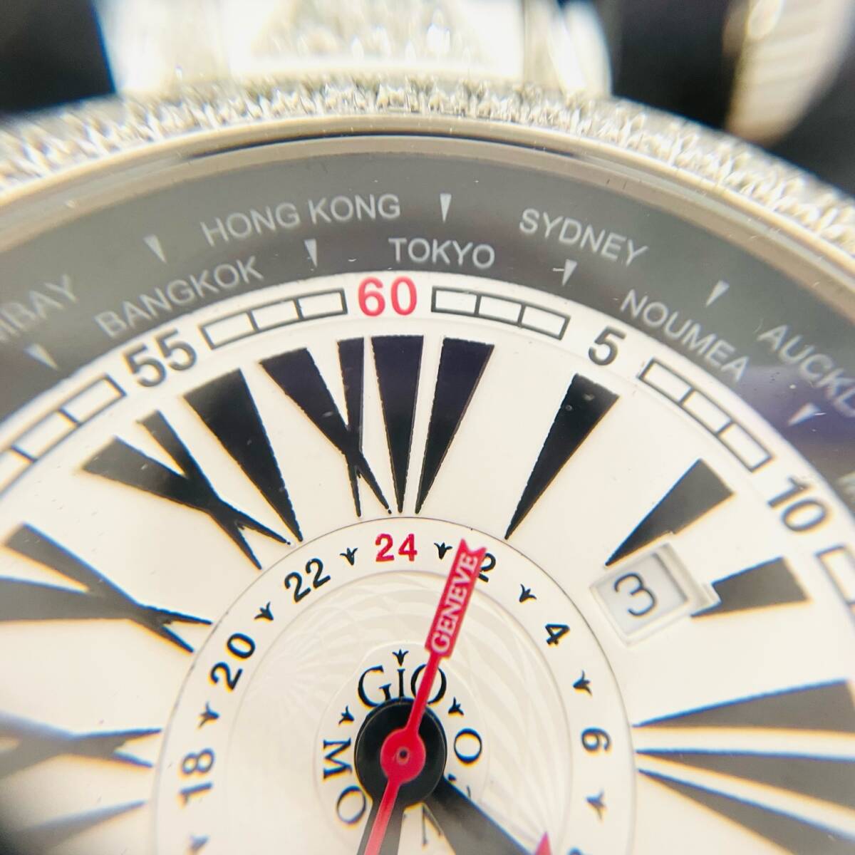 C-03222SI 【希少】 GIO MONACO ジオモナコ メンズ 腕時計 ジオポリス 2893-2 ダイヤベゼル ワールドタイム 自動巻き オートマ 稼働品の画像3